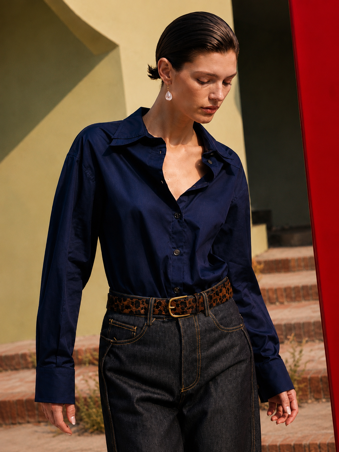 Leopard Belt Wide-Leg Blue Jeans