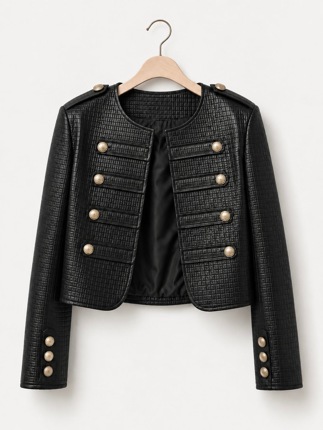 Black Military Woven Leather Jacket