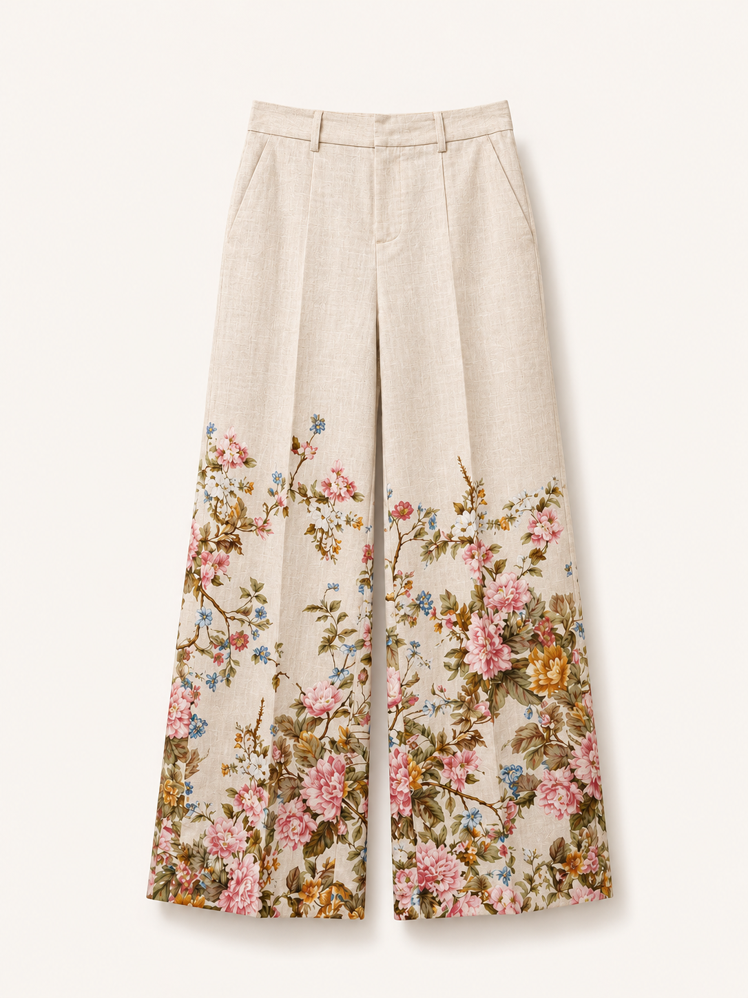 Floral Linen Wide-Leg Trousers