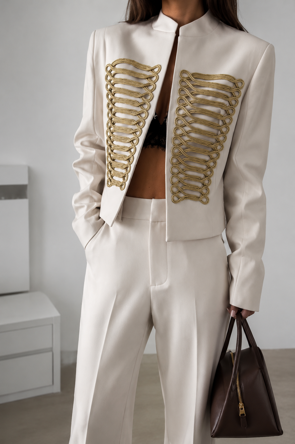 Ivory Gold Embroidered Military Jacket