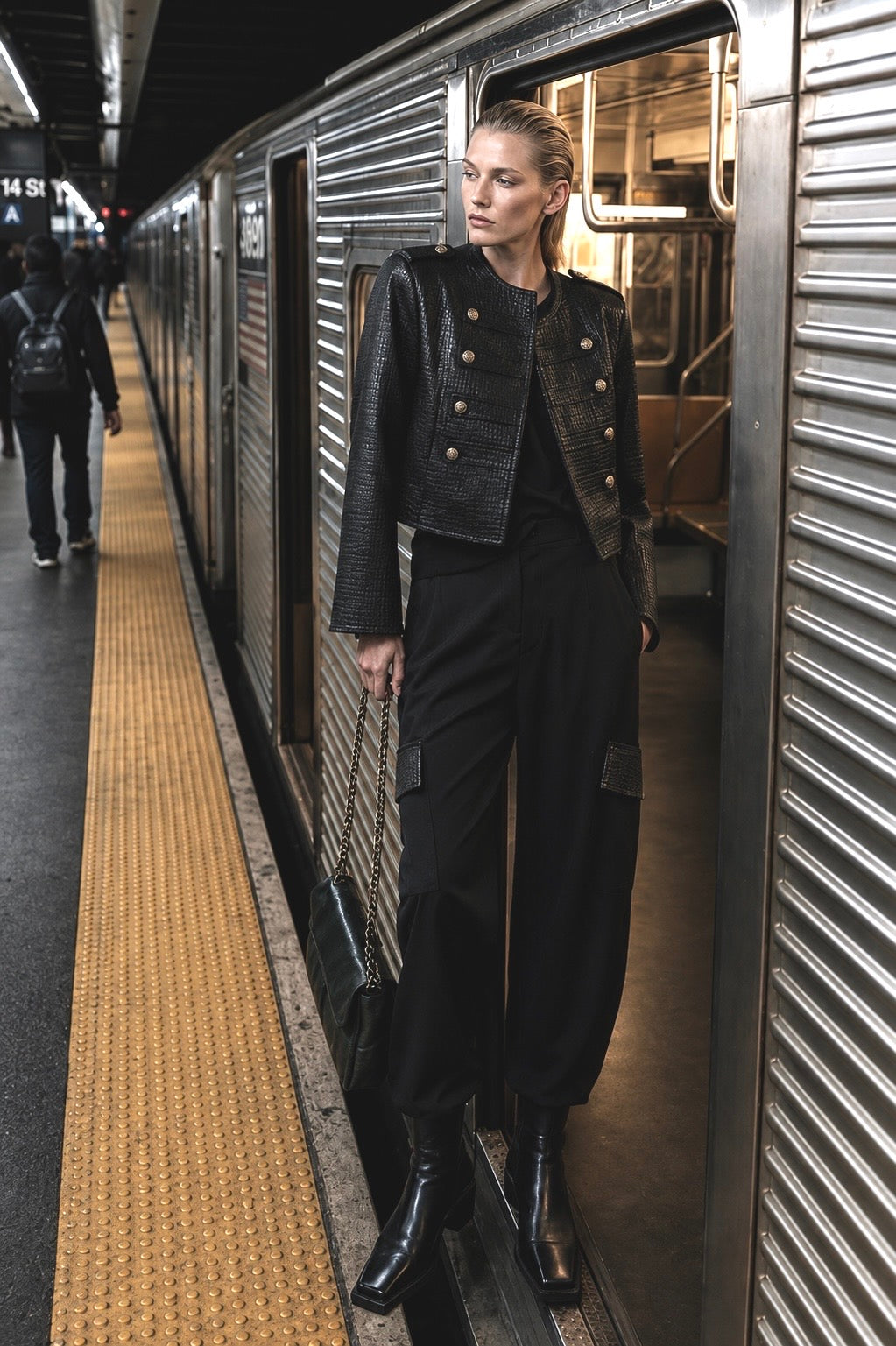 Black Military Woven Leather Jacket