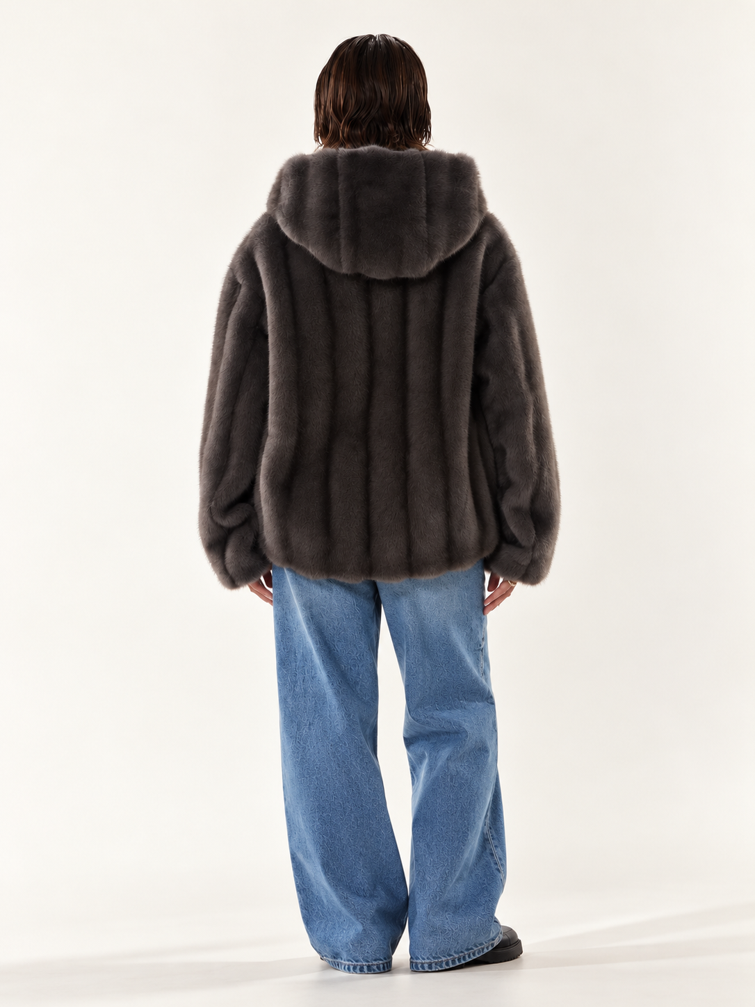 Charcoal Grey Hooded Fur Jacket