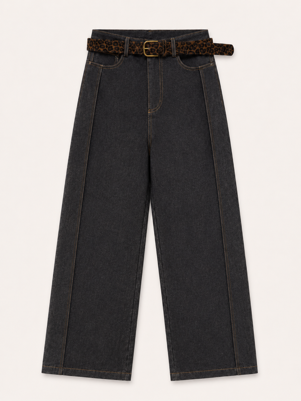 Leopard Belt Wide-Leg Black Jeans