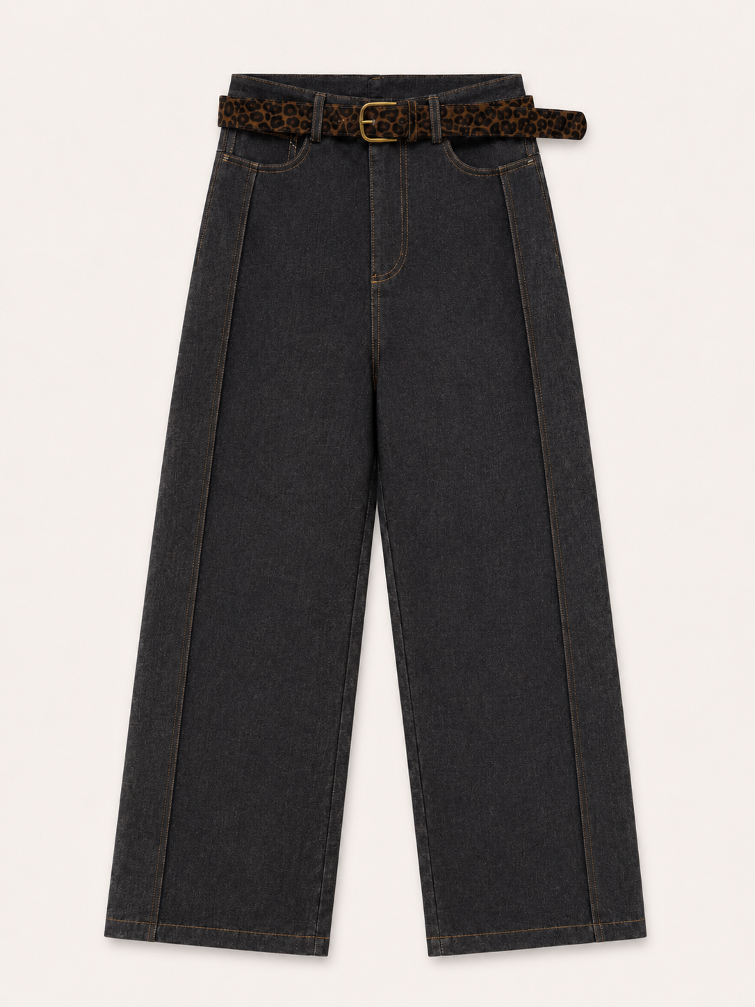 Leopard Belt Wide-Leg Black Jeans