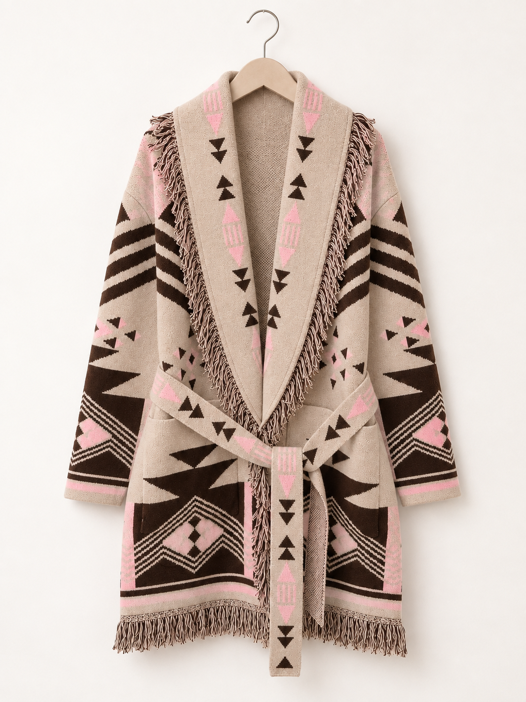 Geometric Fringe Wrap Coat