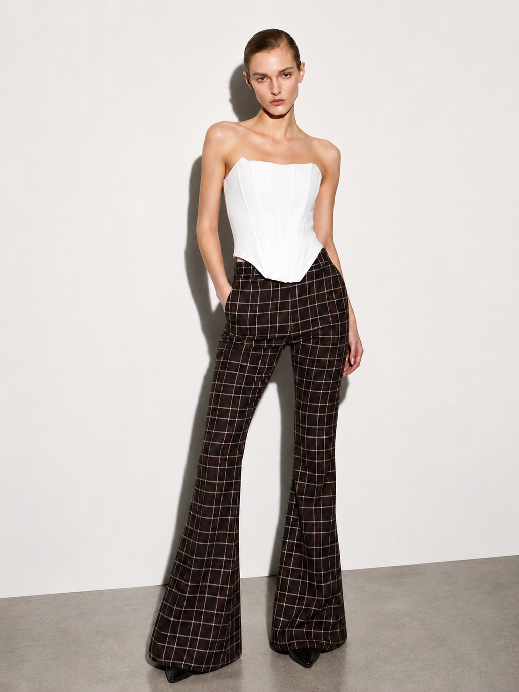 Mocha Check Flare Trousers