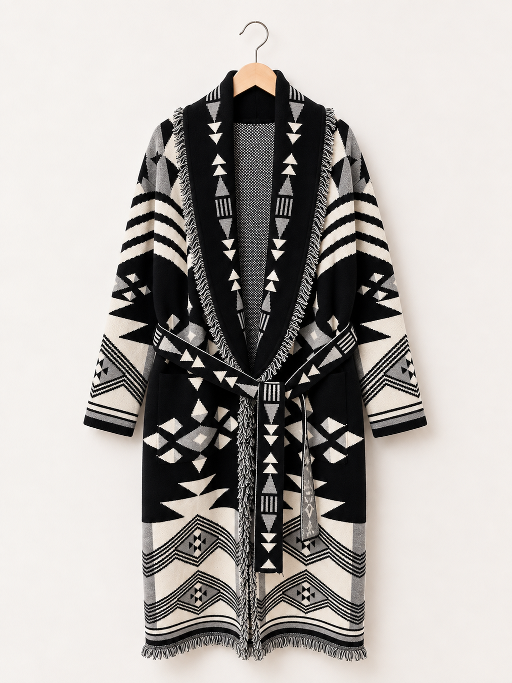 Long Geometric Fringe Wrap Coat