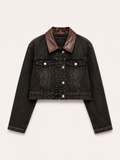 Leather-Touch Brown Denim Jacket