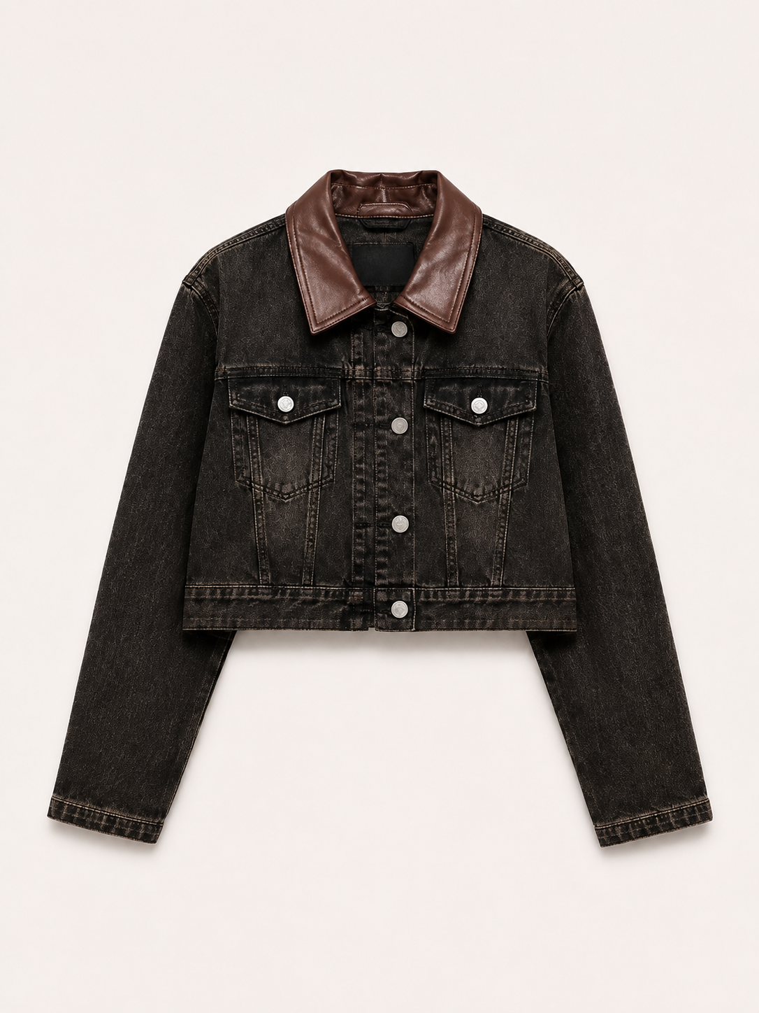Leather-Touch Brown Denim Jacket