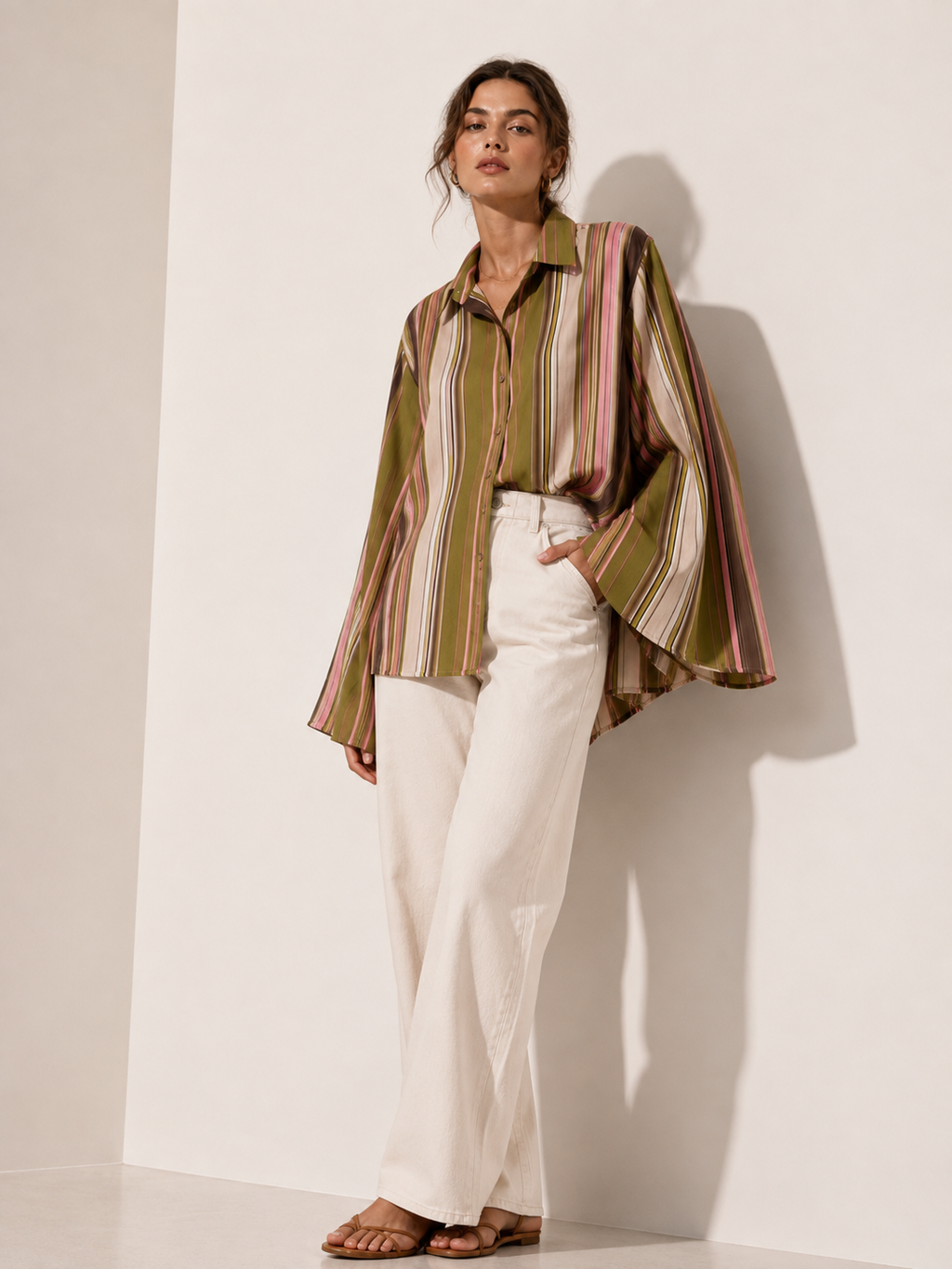 Olive & Blush Striped Button-Up Shirt