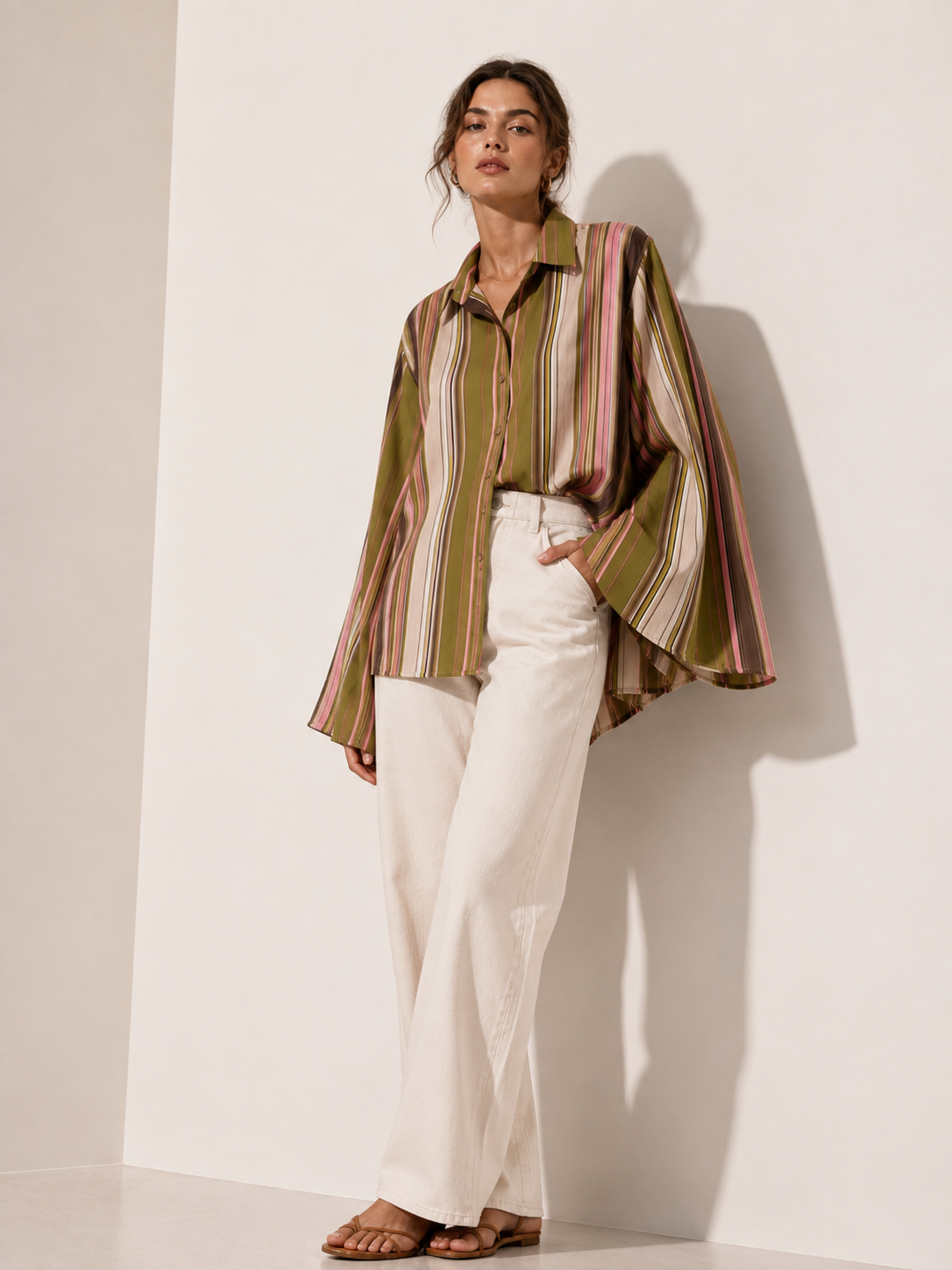 Olive & Blush Striped Button-Up Shirt