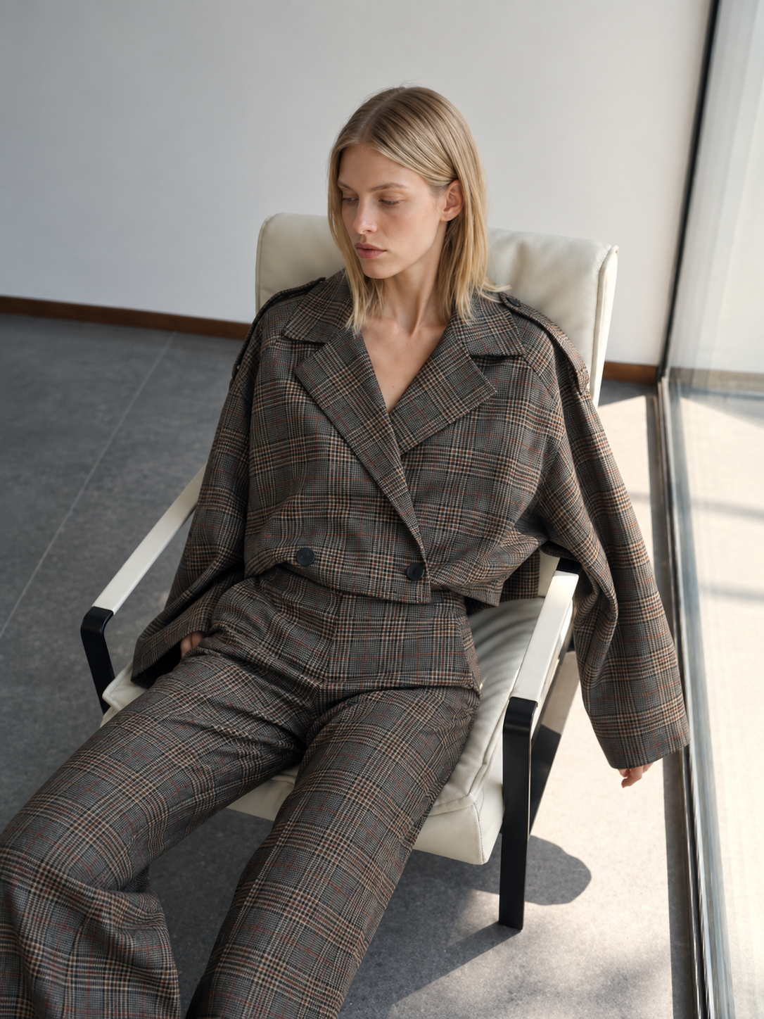 Brown Plaid Belted Cropped Jacket