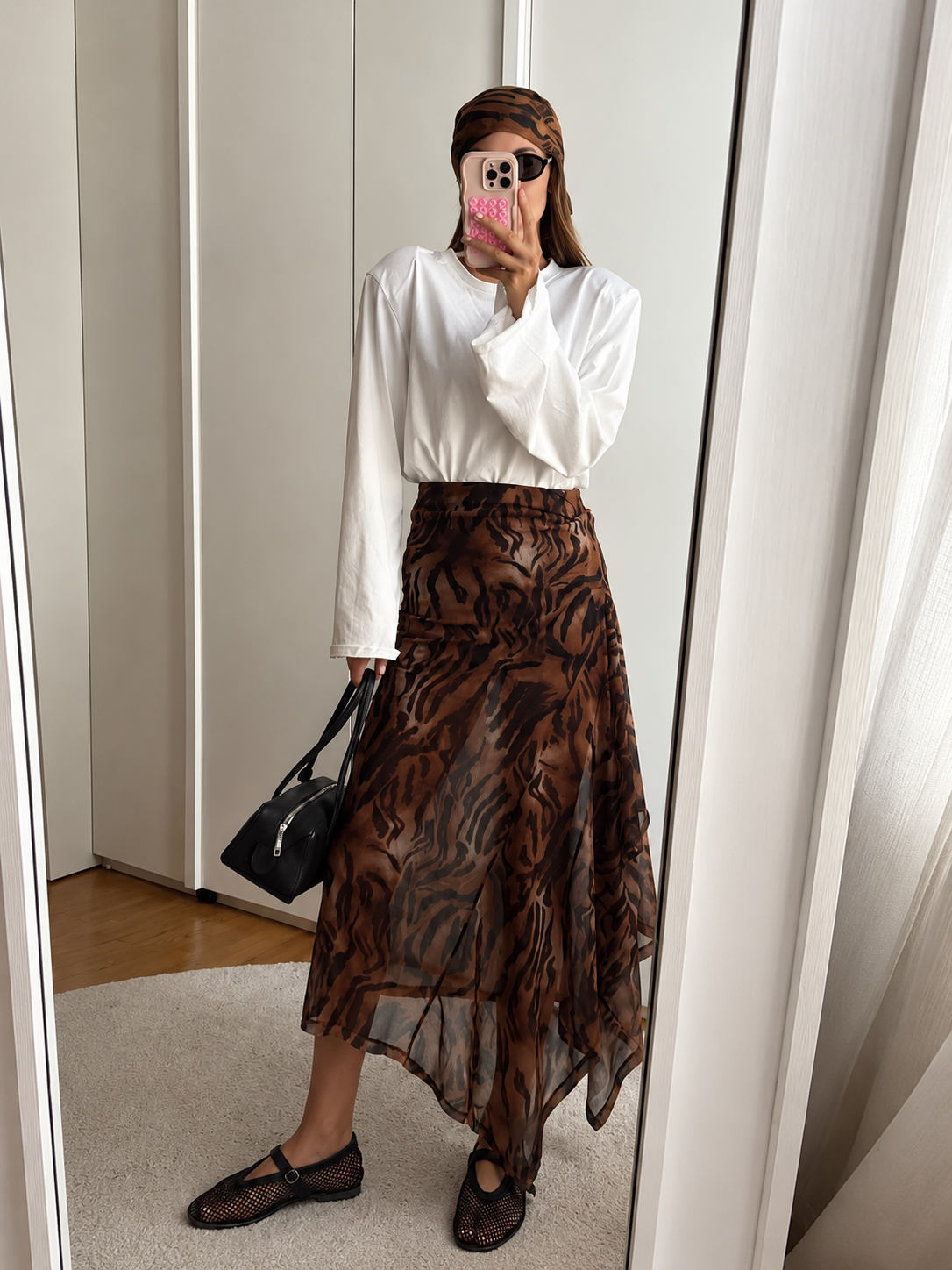 Tiger Print Asymmetric Draped Mesh Skirt