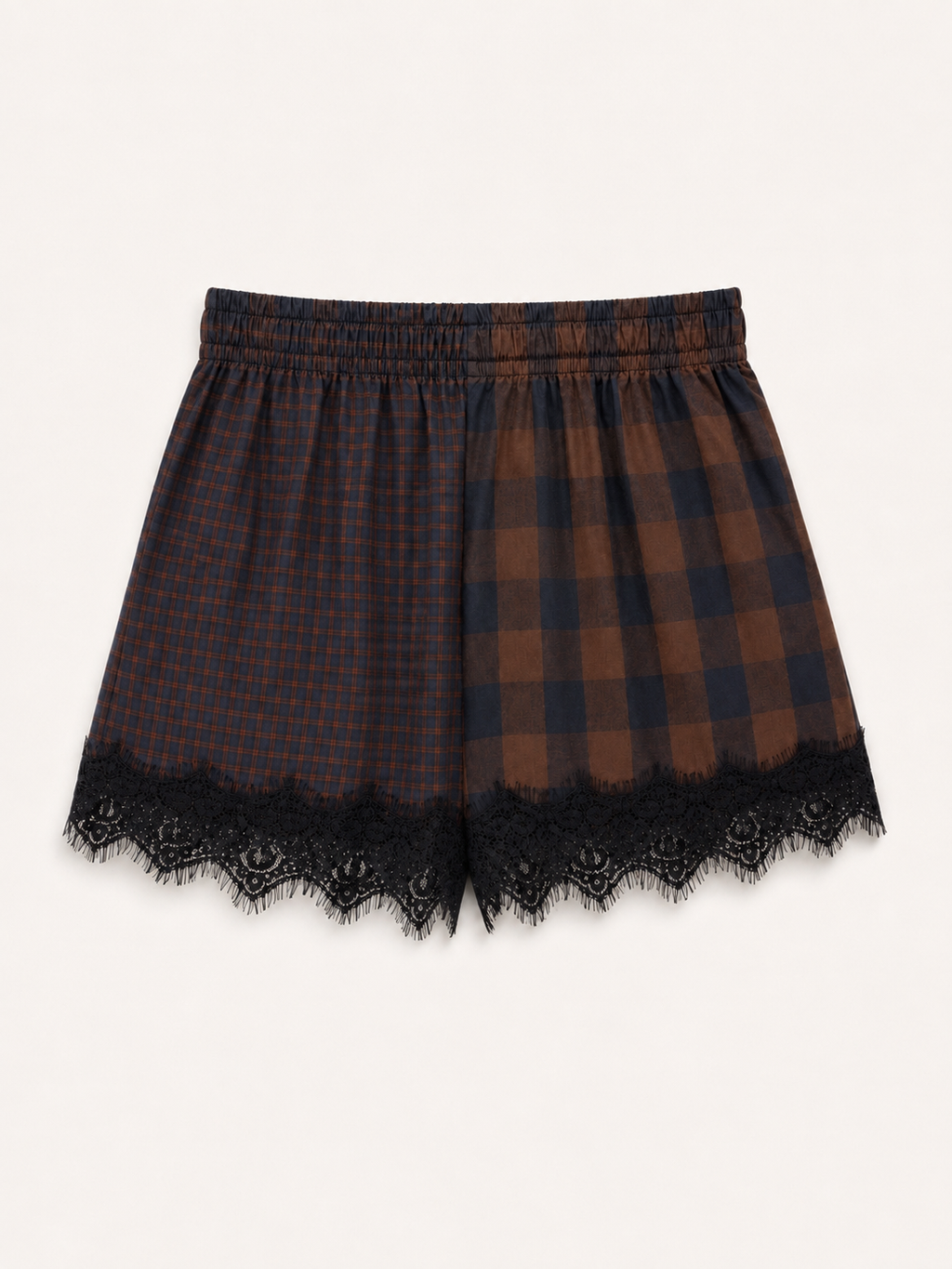 Patchwork Plaid Lace-Trim Shorts