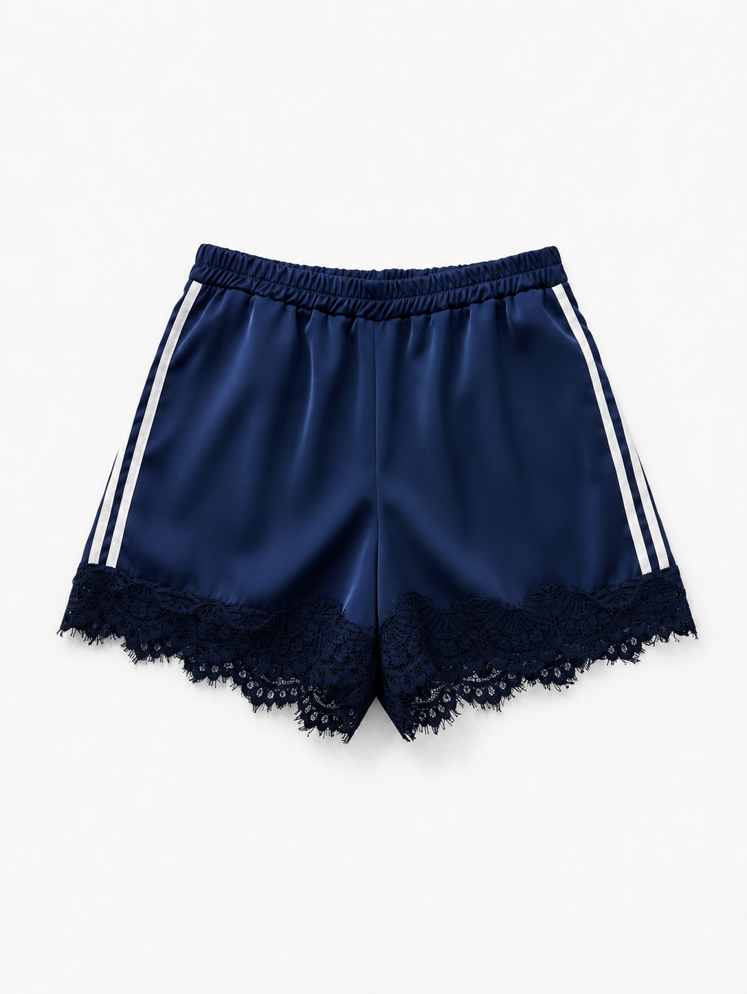 Navy Satin Lace-Trim Shorts