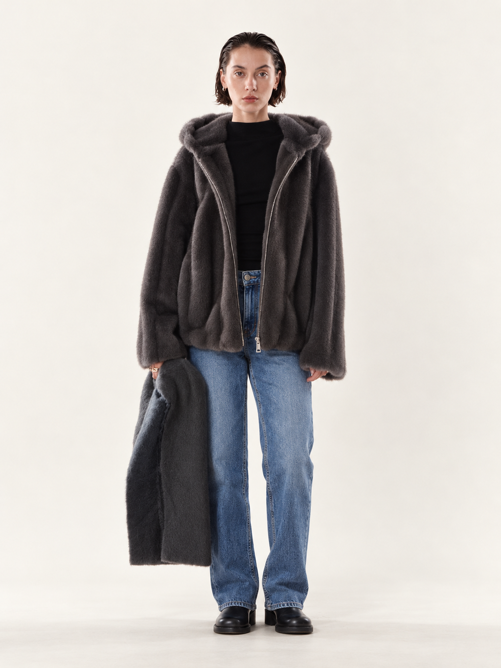 Charcoal Grey Hooded Fur Jacket