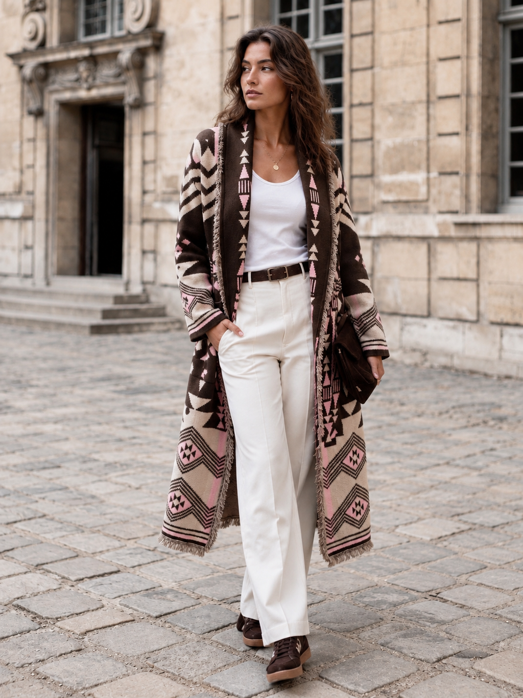 Long Geometric Fringe Wrap Coat
