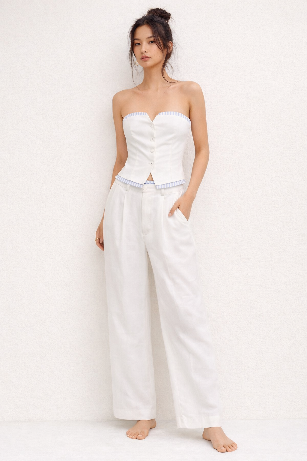Structured Strapless Top with Contrast Striped Trim