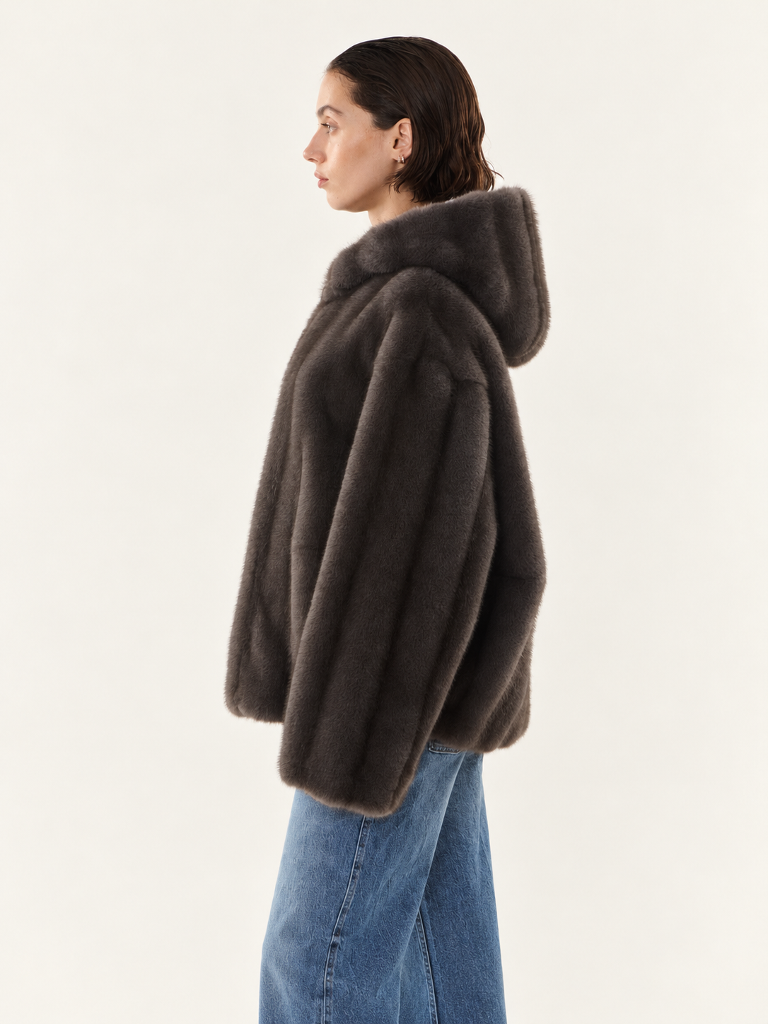 Charcoal Grey Hooded Fur Jacket
