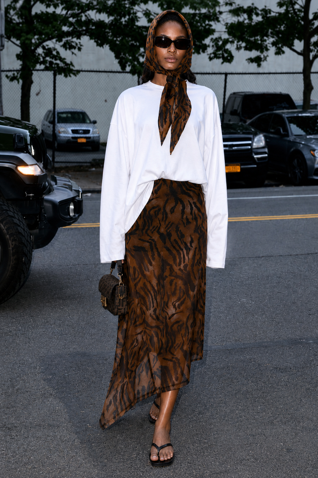 Tiger Print Asymmetric Draped Mesh Skirt