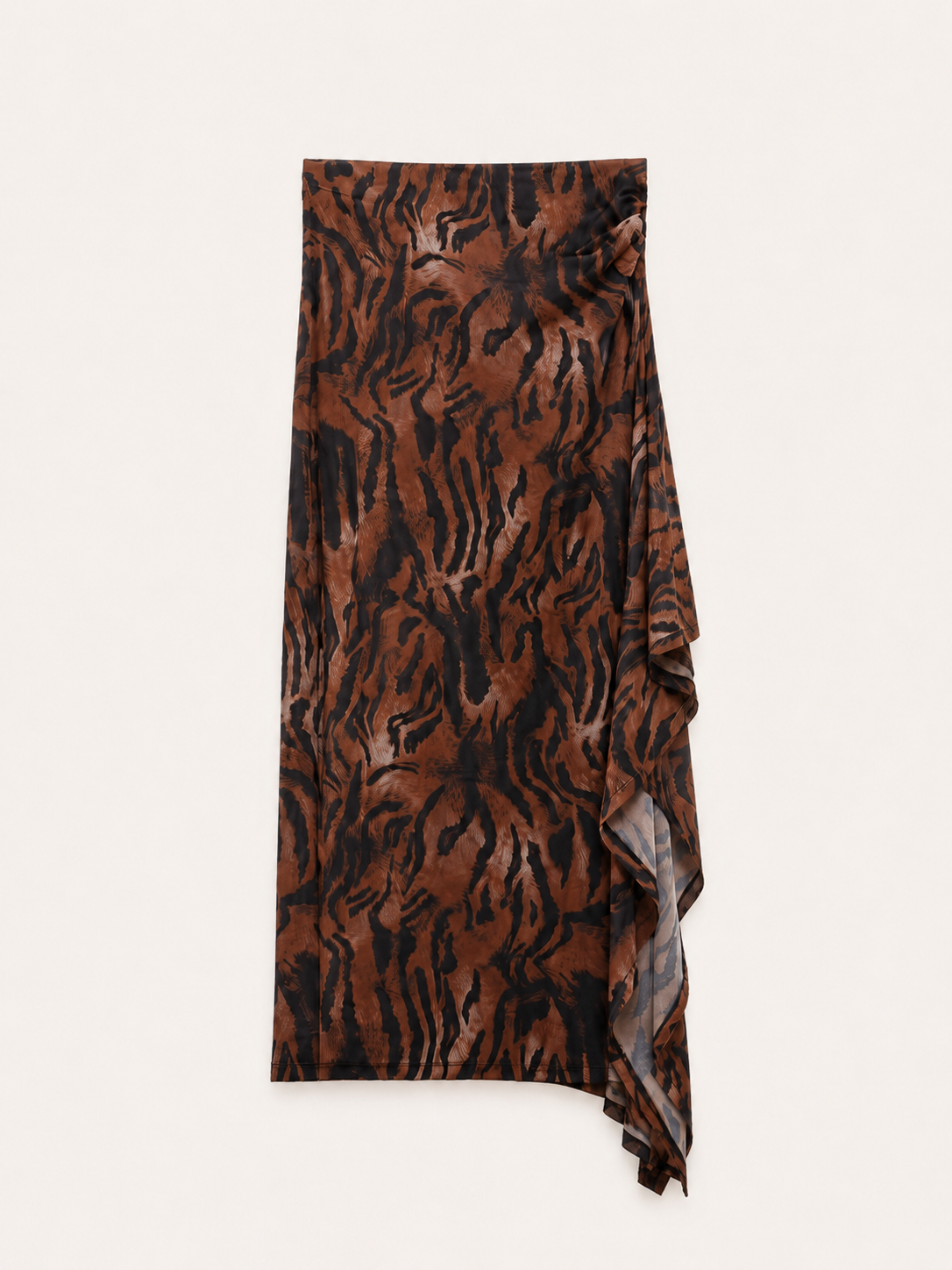 Tiger Print Asymmetric Draped Mesh Skirt