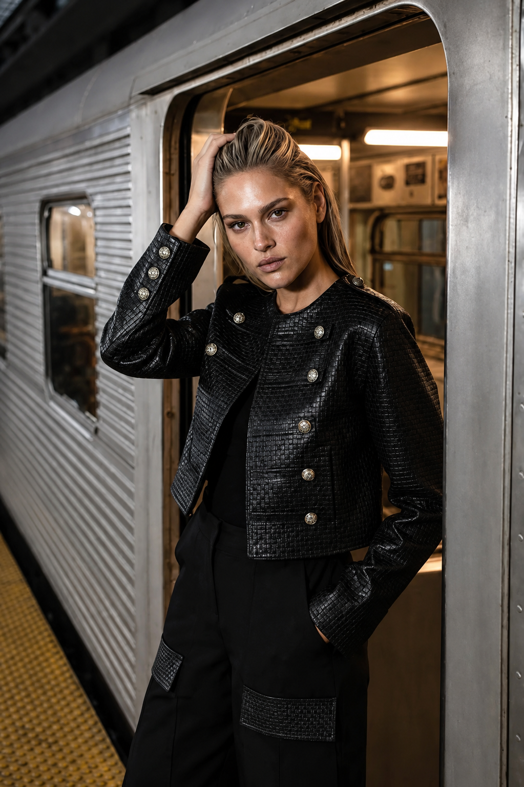 Black Military Woven Leather Jacket