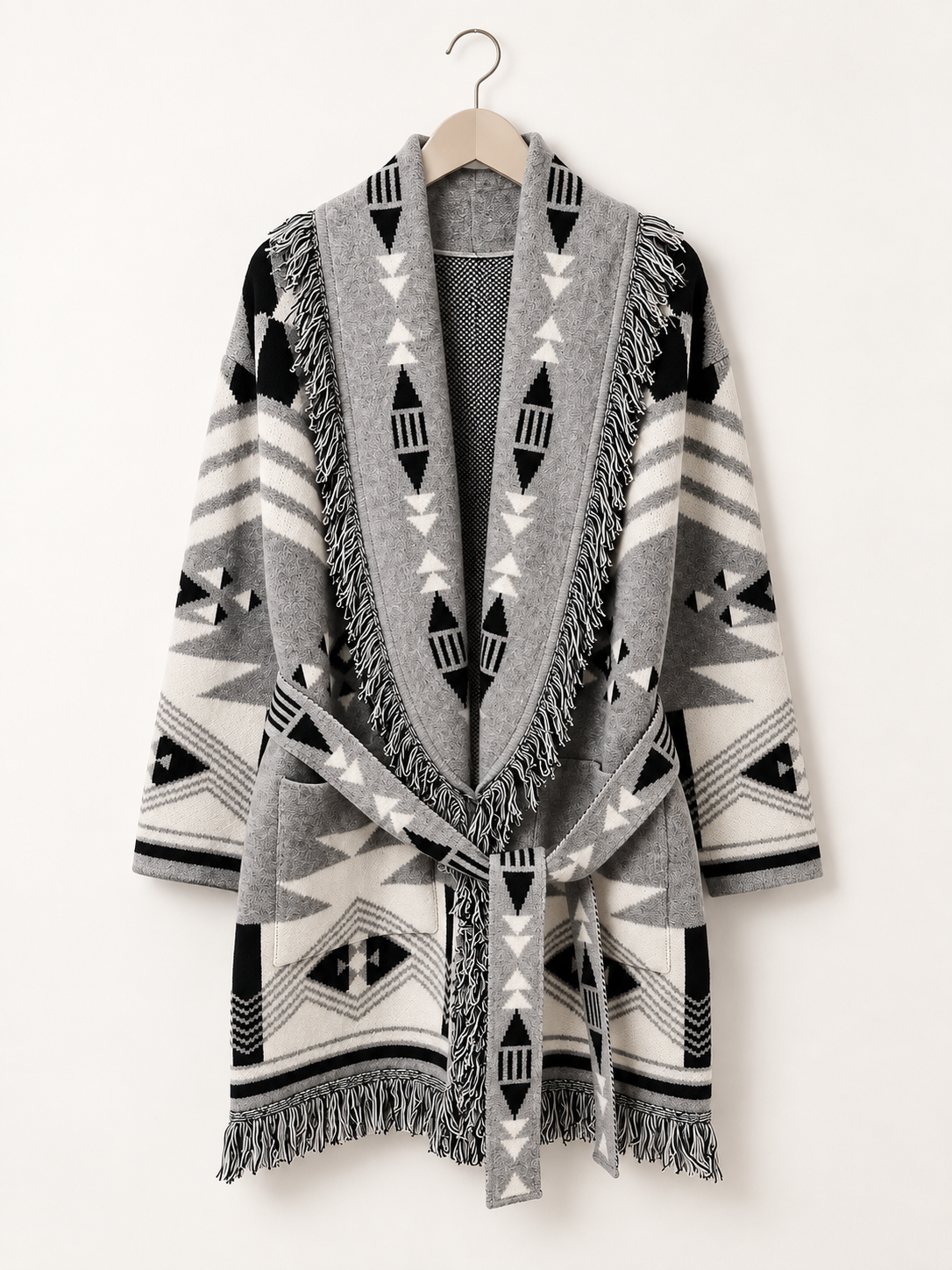 Geometric Fringe Wrap Coat