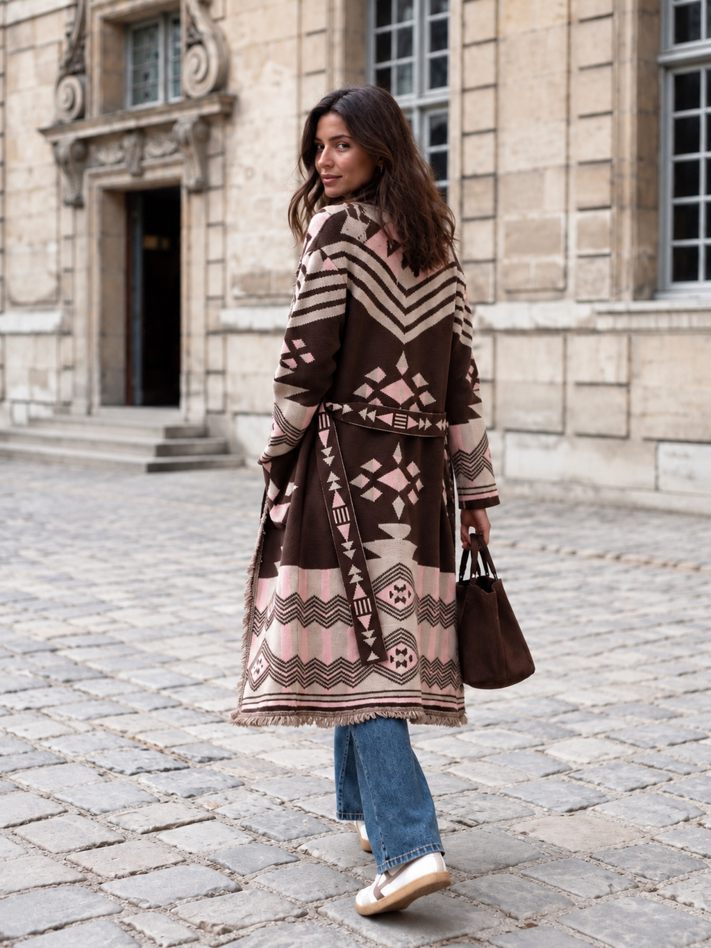 Long Geometric Fringe Wrap Coat