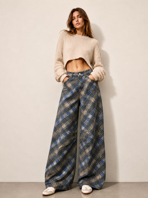 Blue Plaid Wide-Leg Pants