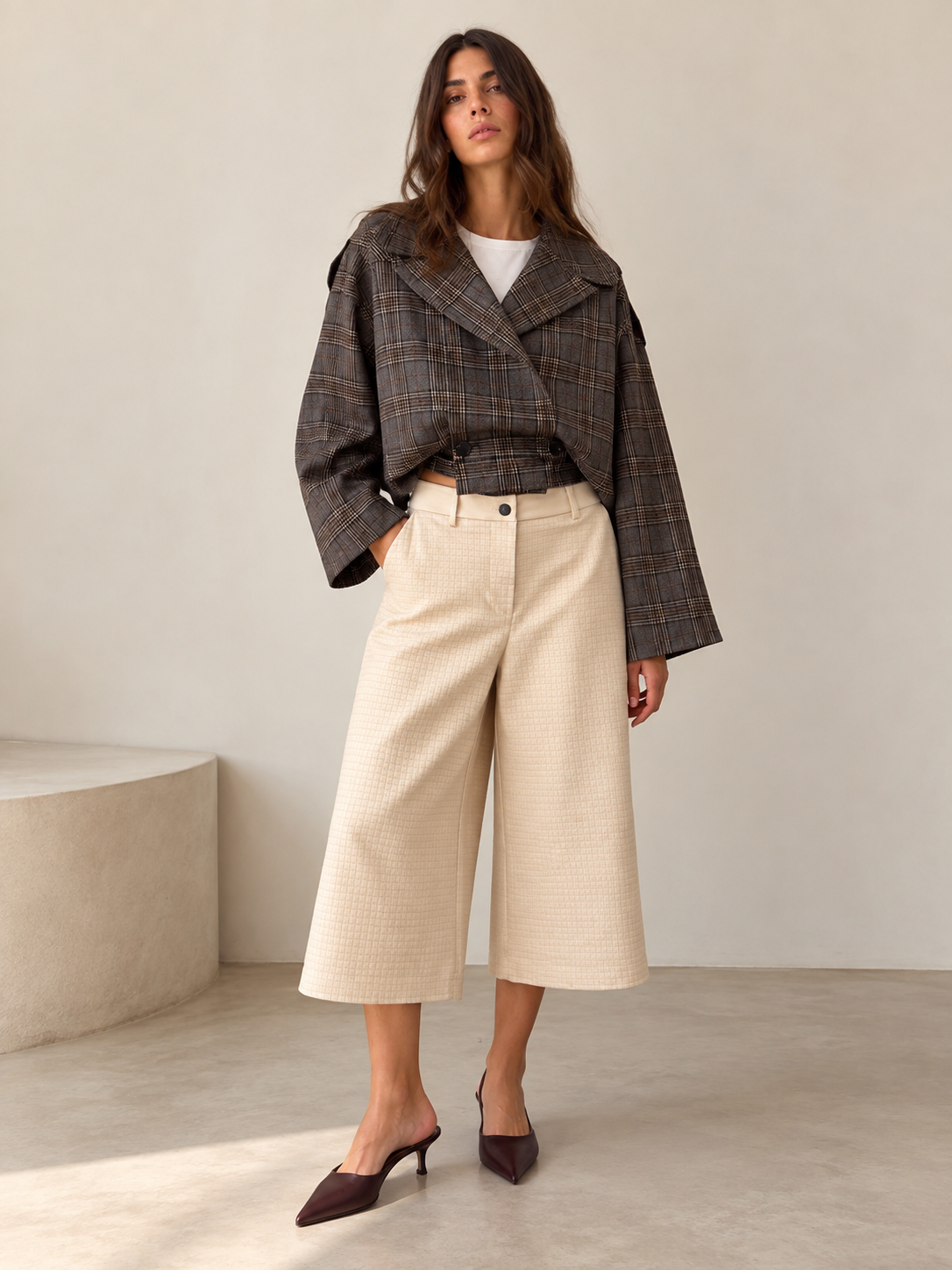 Brown Plaid Belted Cropped Jacket