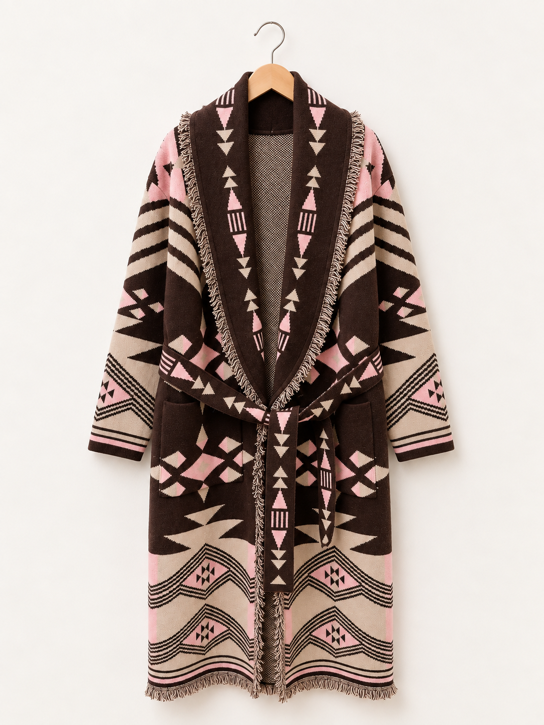 Long Geometric Fringe Wrap Coat