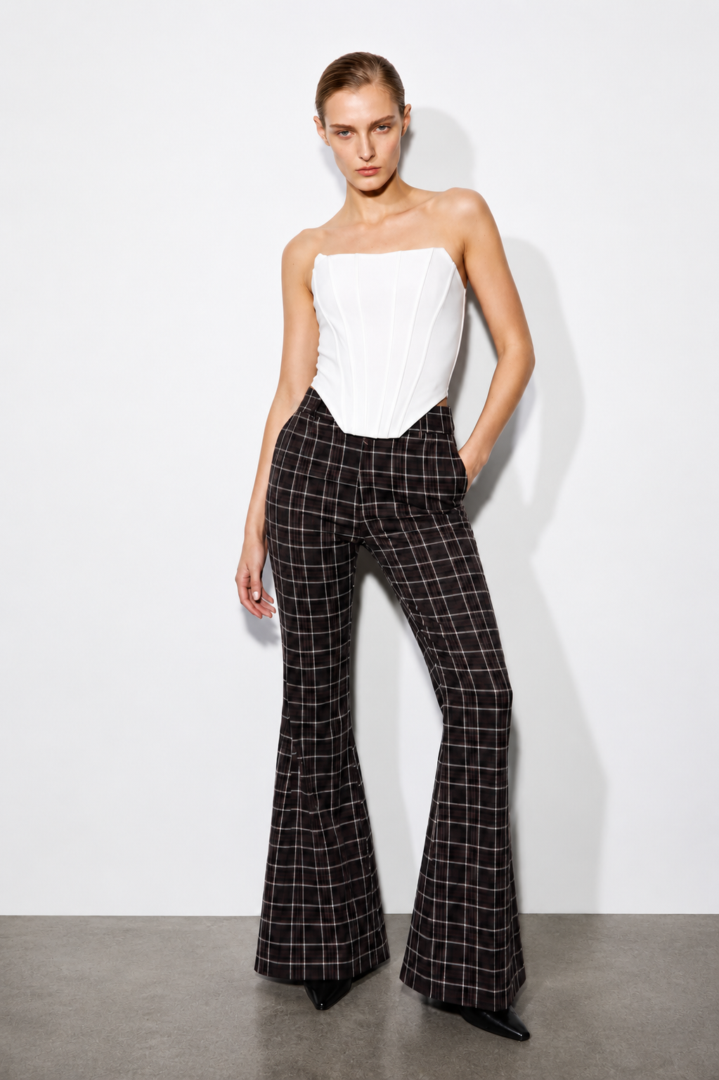 Mocha Check Flare Trousers
