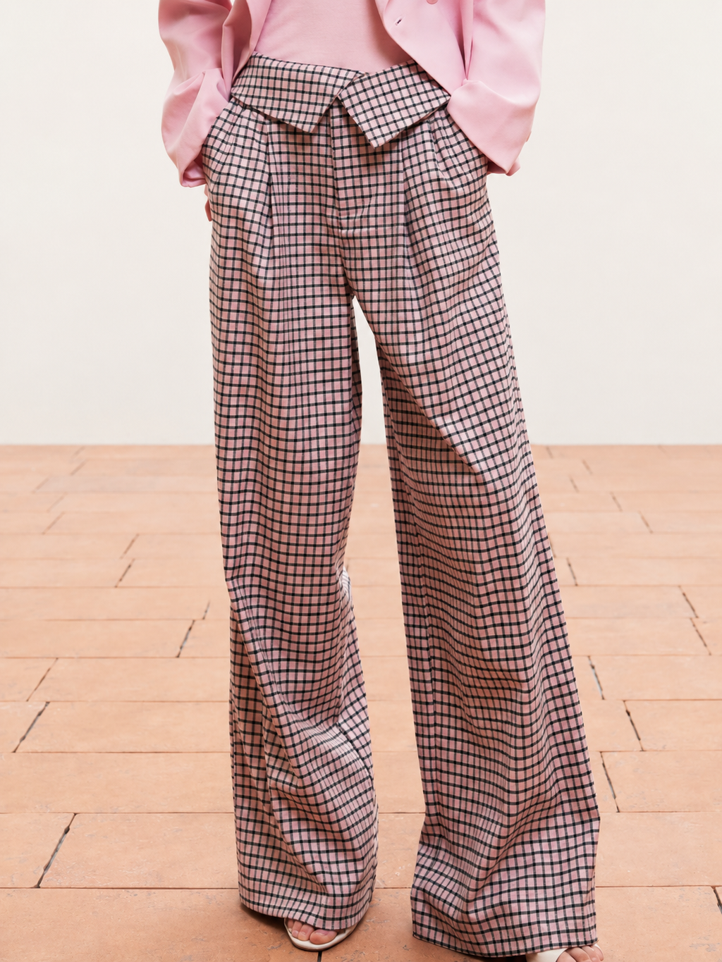 Pink Grid Check Wide-Leg Tailored Trousers