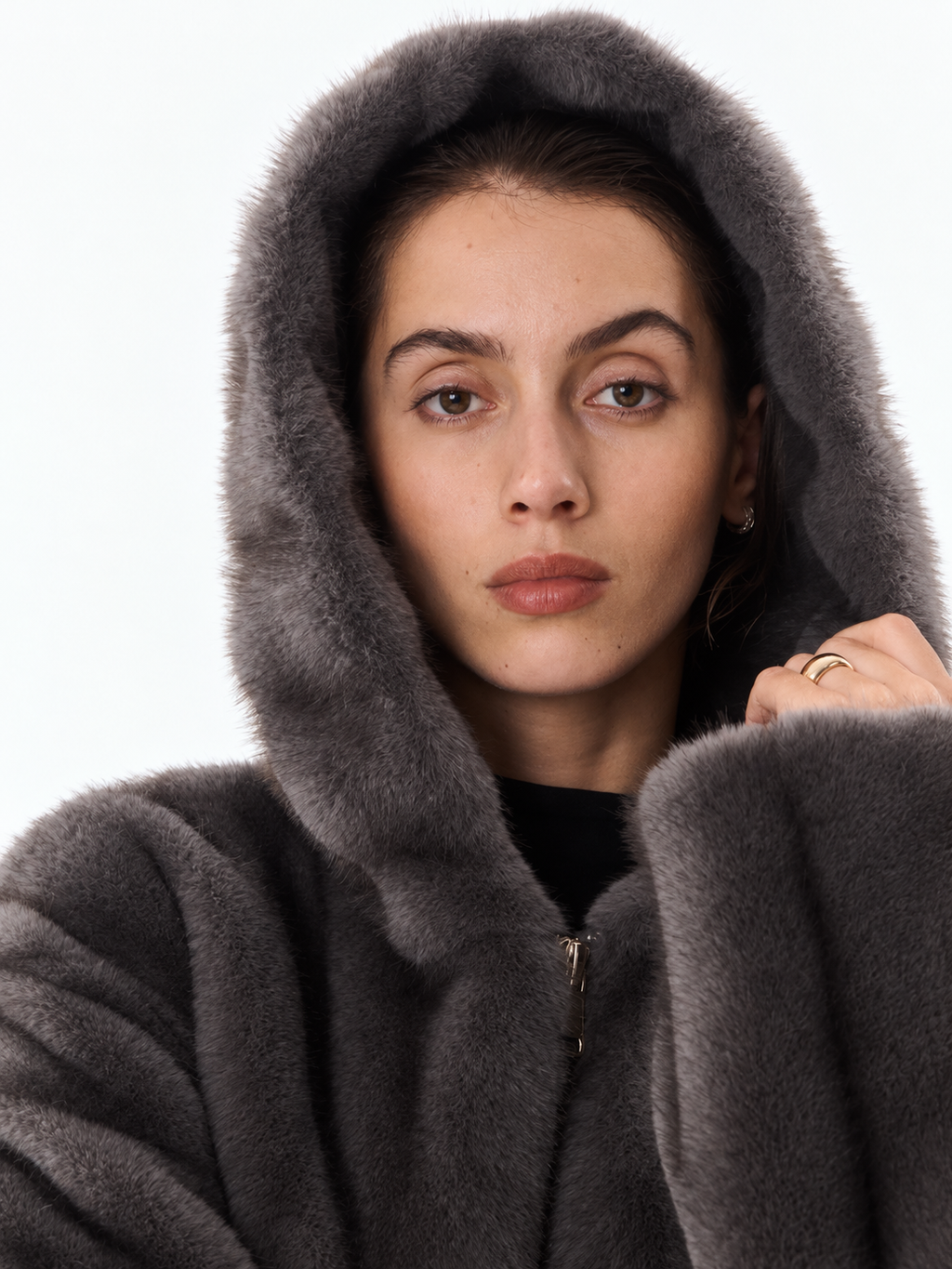 Charcoal Grey Hooded Fur Jacket