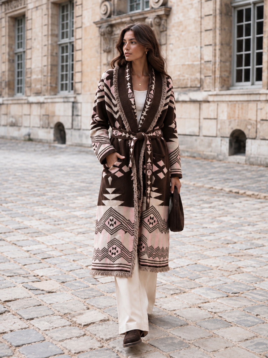 Long Geometric Fringe Wrap Coat