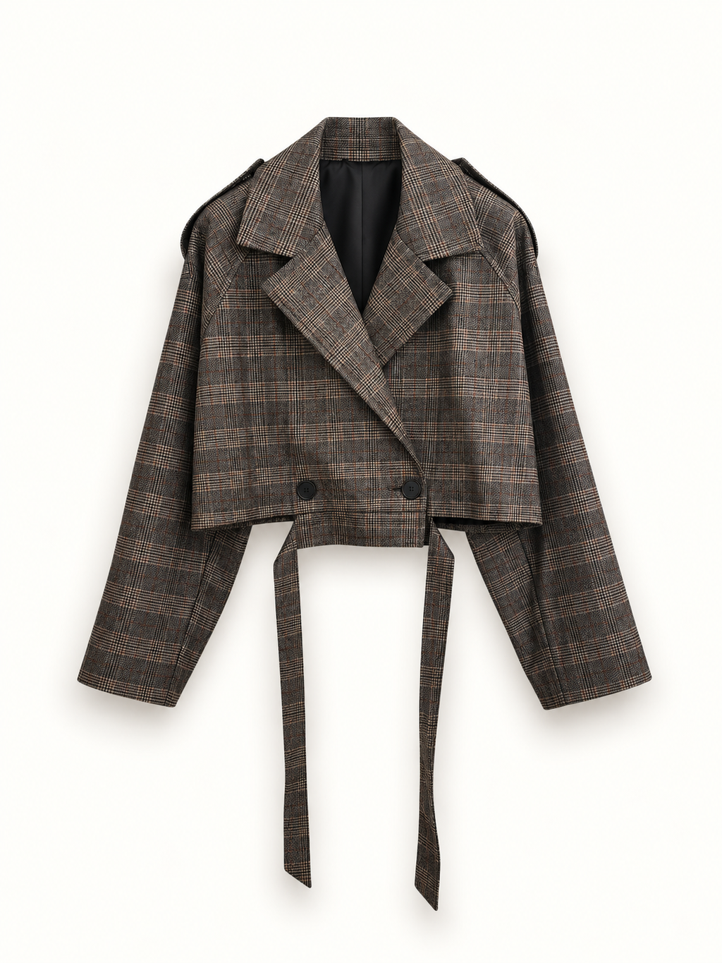 Brown Plaid Belted Cropped Jacket