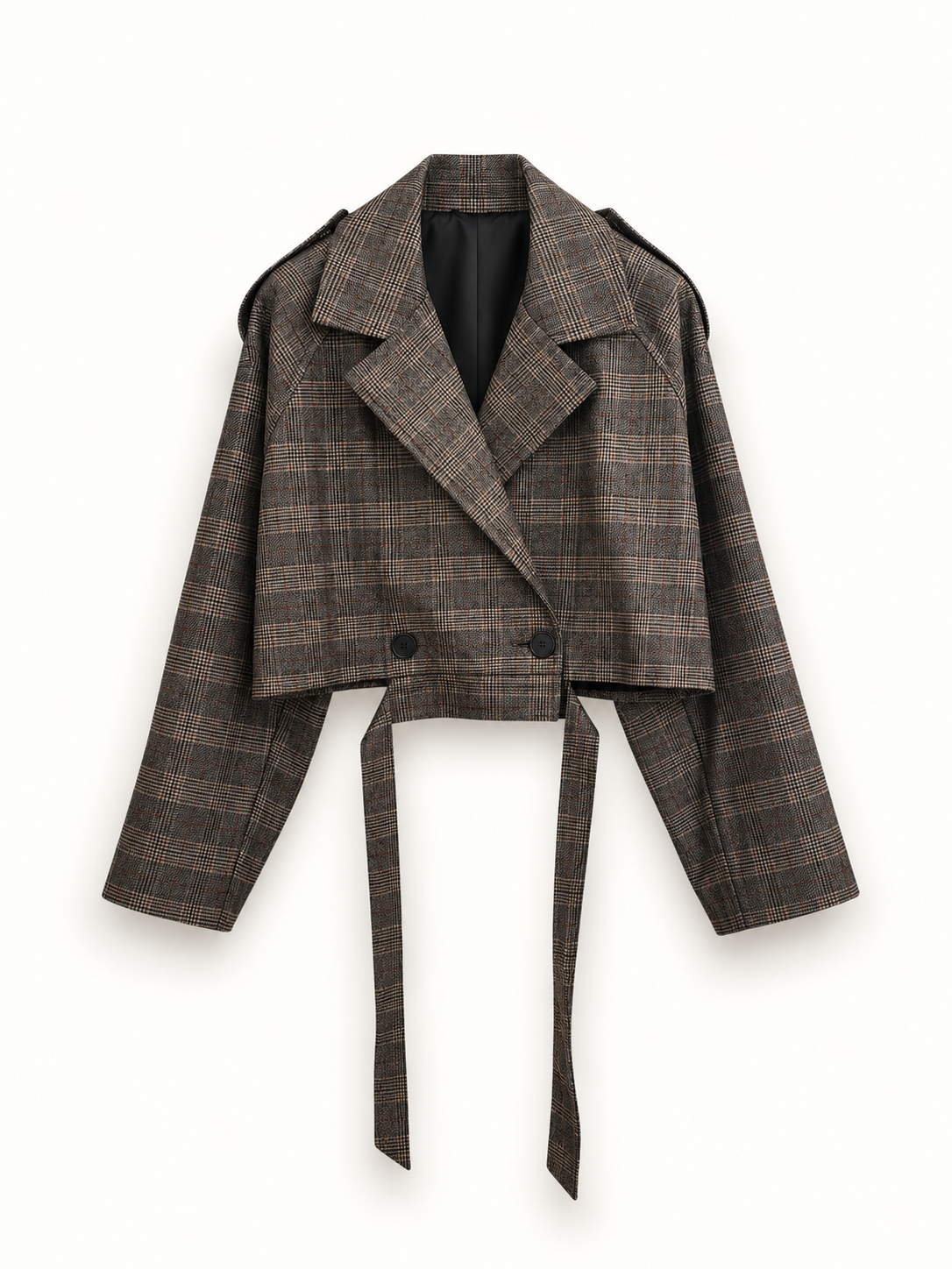 Brown Plaid Belted Cropped Jacket