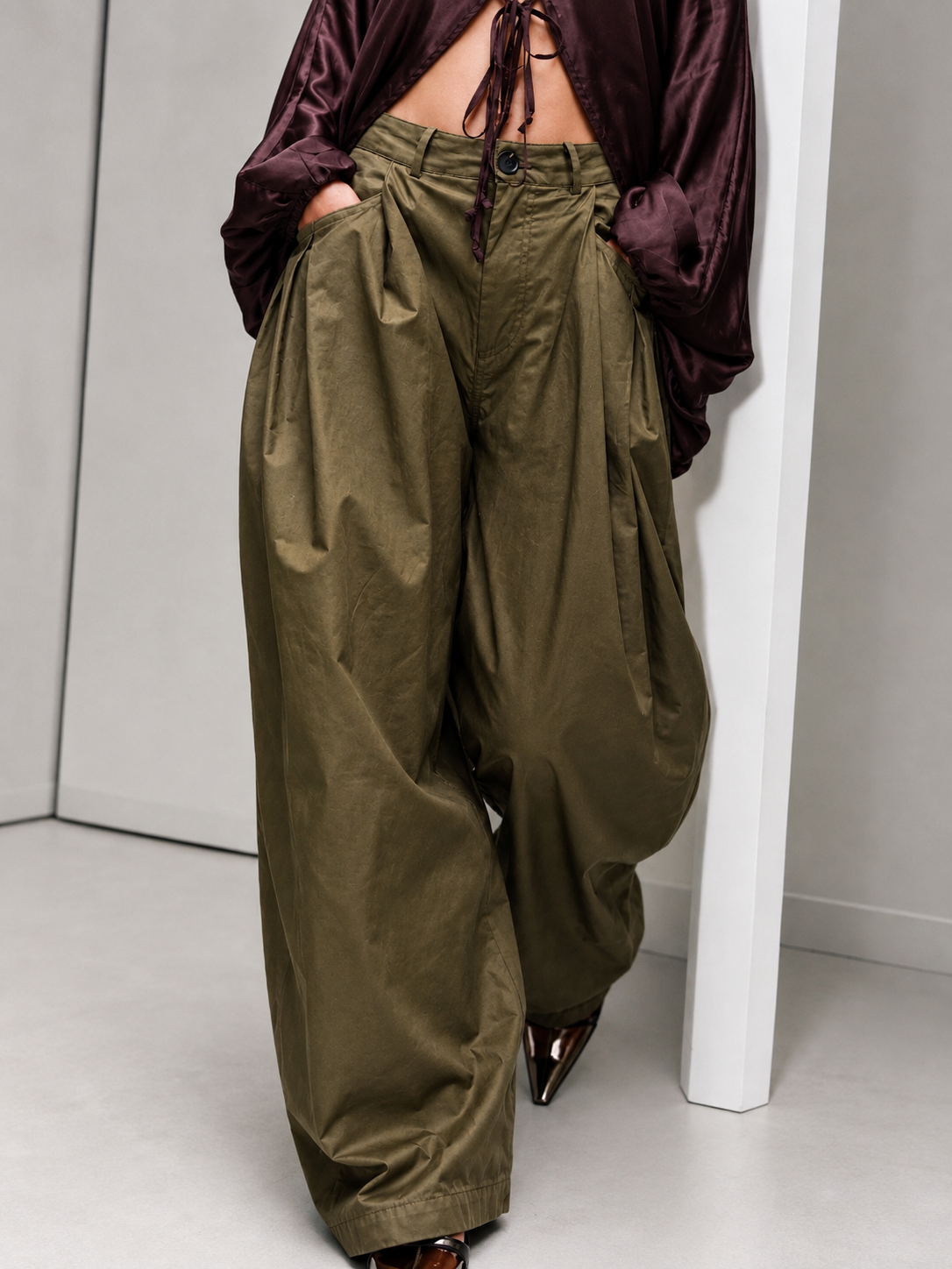Olive Utility Wide-Leg Trousers