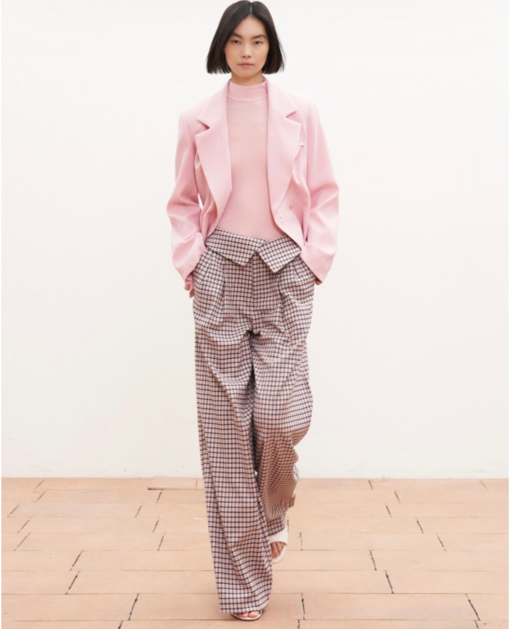 Pink Grid Check Wide-Leg Tailored Trousers