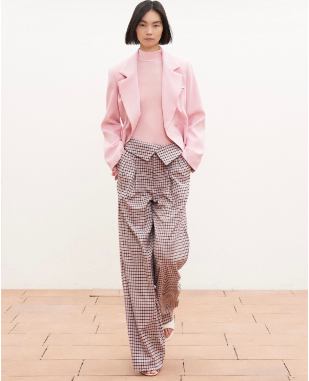 Pink Grid Check Wide-Leg Tailored Trousers