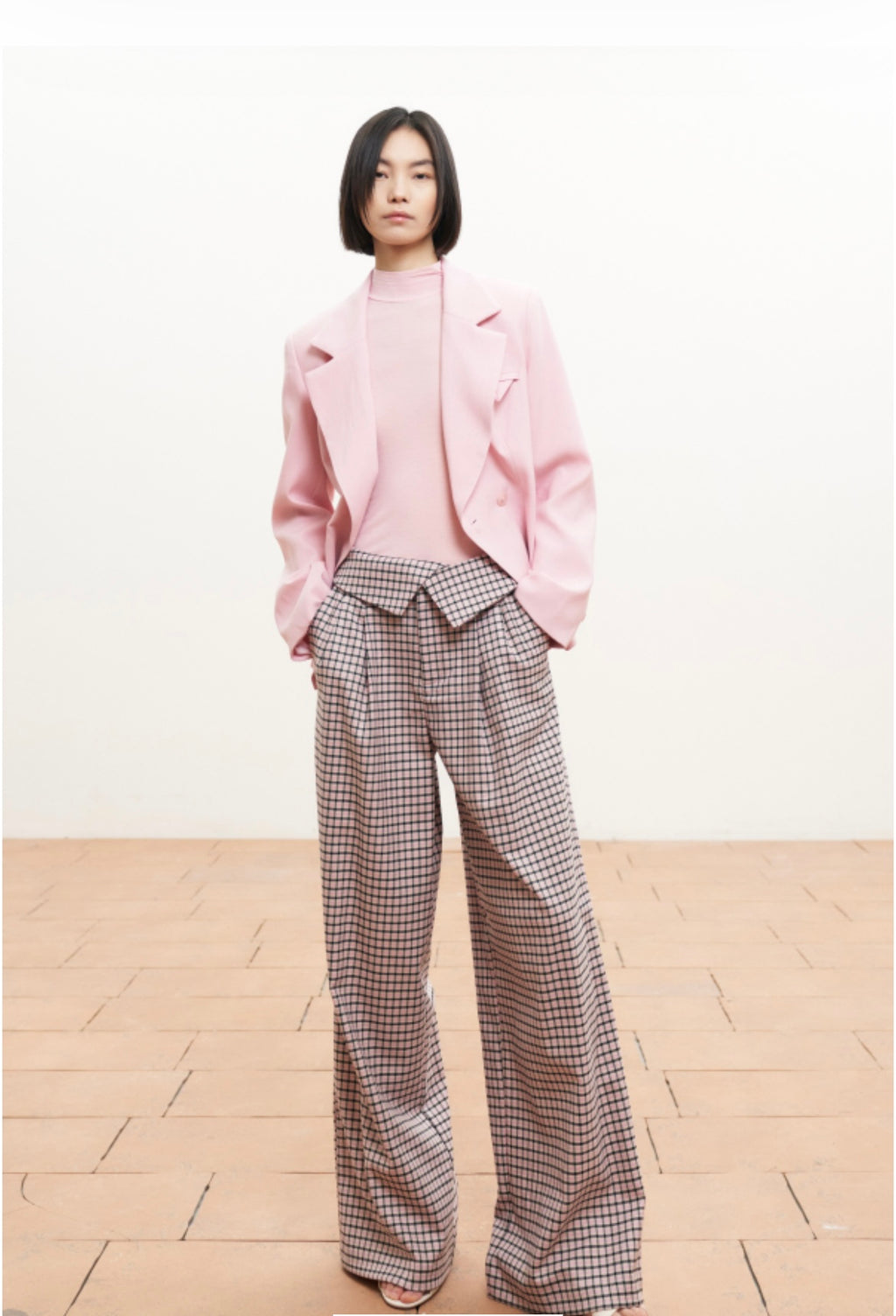 Pink Grid Check Wide-Leg Tailored Trousers
