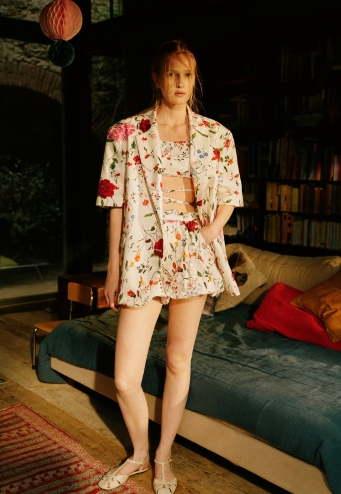 Floral Wrap-Tie Crop Top & Balloon Shorts Set