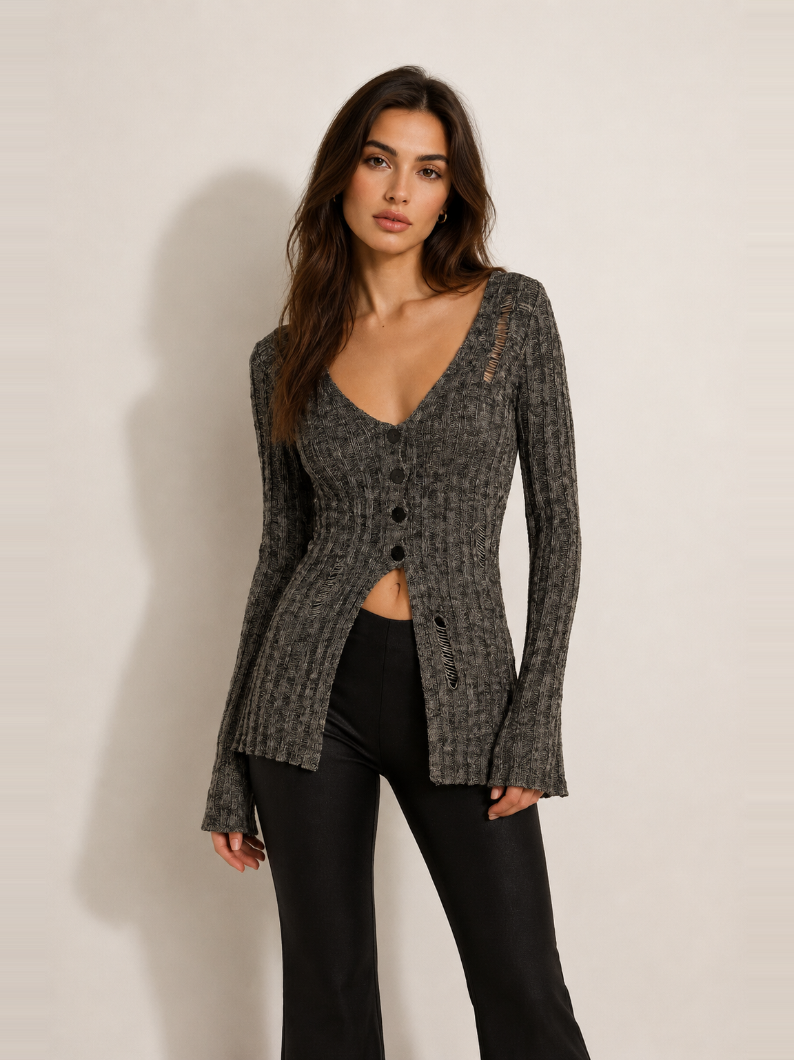 Distressed Ribbed Button-Up Cardigan